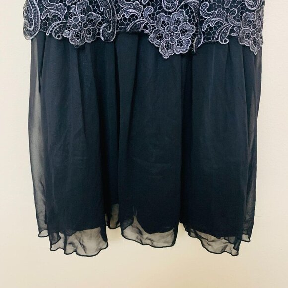 London Times Lace Open Back Tulle Mesh Cocktail Dress Size 14 Black Silver - Picture 6 of 11